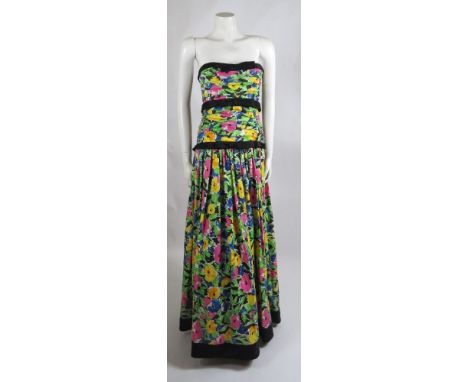 Frank Usher ball dress, black bow detail with floral multicoloured pattern, size 12