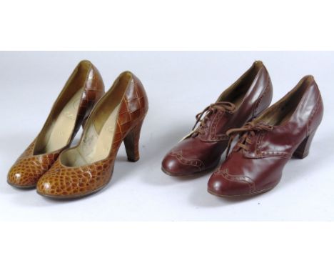 A pair of Harrods Ltd. London brown leather heeled brogues,stamped 'CC41',together with a pair of Dolcis crocodile print shoe
