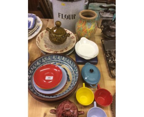 An enamel flour bin; a preserve photographic; a pair of pottery bowls; a Le Creuset dish etc.