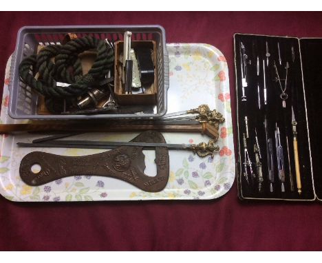 A cased set of drawing instruments; a mother of pearl handled fruit knife; a British Field Sports Society badge etc. 