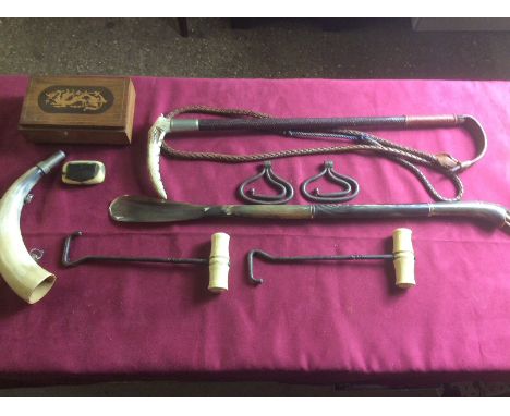 A horn shoe horn; a riding crop; two boot pulls; a horn snuff box etc. 