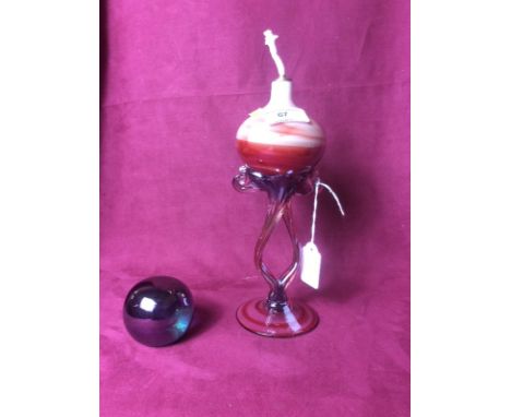 A Krosno Art Glass oil lamp; and a Krosno paperweight 