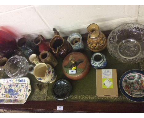A large ruby glass goblet; a Masons ironstone jug and matching plate; a glass fruit bowl; various other jugs etc. 