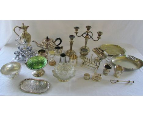Assorted silver plate inc candelabra, egg cups and tea service