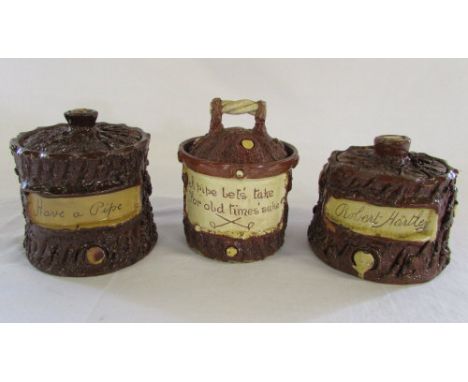 3 Earthenware tree trunk style tobacco jars possibly Yorkshire/Halifax - 'Have a Pipe', 'A pipe let's take for old time's sak
