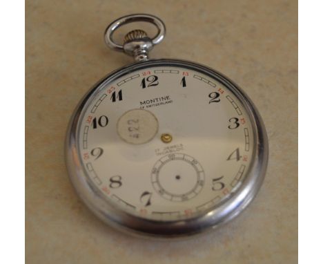 Montine of Switzerland nickel chrome railway pocket watch, with back engraved  B R (S) 9505 - requires replacement hands on b