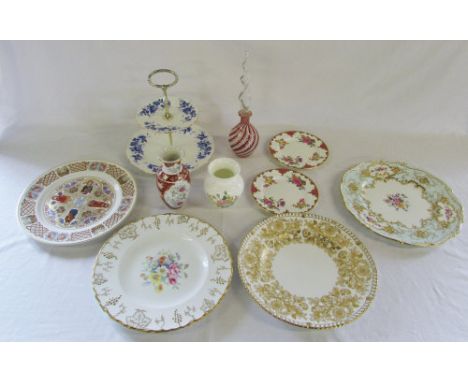 Assorted cabinet plates inc Spode, Royal Crown Derby and Coalport, Royal Grafton cake stand, Coalport vase, spiral glass vase