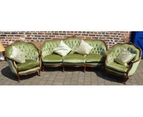 Late 19th century style button back 3 piece suite with carved details