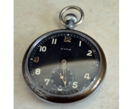Cyma General Service Trade Pattern military pocket watch, black dial, rear engraved G.S.T.P M88081 with broad arrow mark, 15 