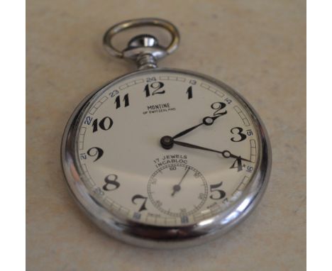 Montine of Switzerland nickel chrome railway pocket watch, with back engraved B.R. (S) 8789