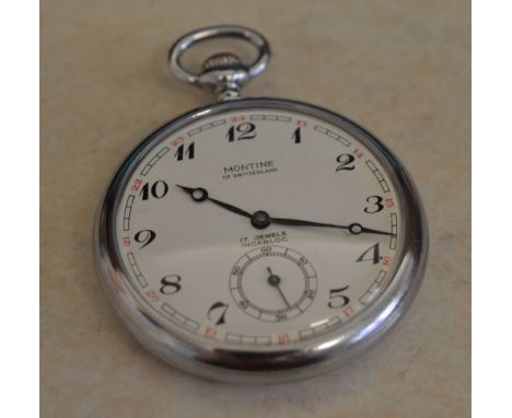 Montine of Switzerland nickel chrome railway pocket watch, with back engraved B R (S) 25528