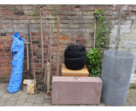 Assorted garden tools, chicken wire, liner, tool chest and box etc