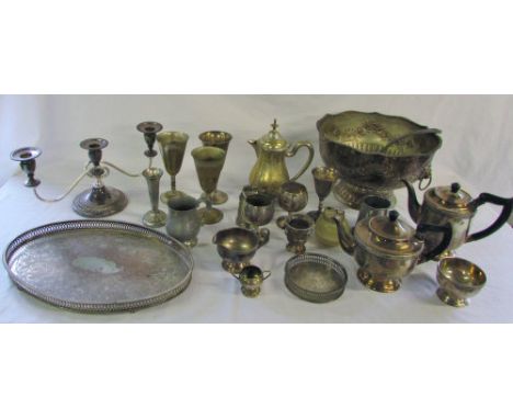 Quantity of silver plate inc punch bowl, candelabra & tea pot