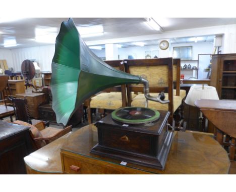 An early 20th Century HMV table top gramophone, with horn speaker