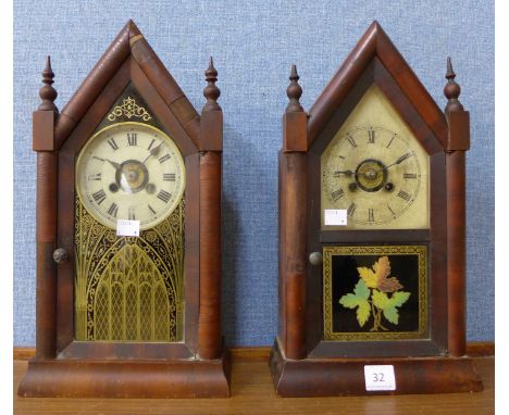 Two 19th Century American Jerome &amp; Co. mahogany alarm steeple shelf clocks