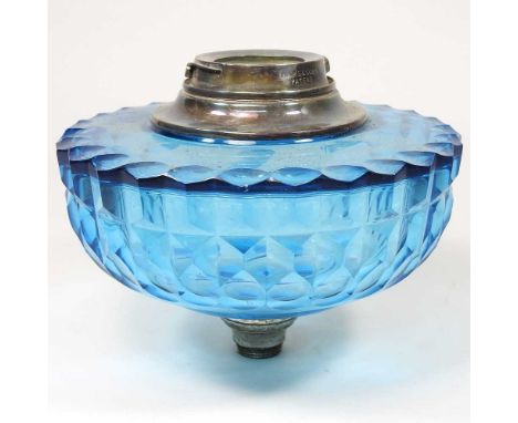 A Hink's patent blue cut glass oil lamp font, with a two inch aperture, 18cm diameterDirty with general light wear from use. 