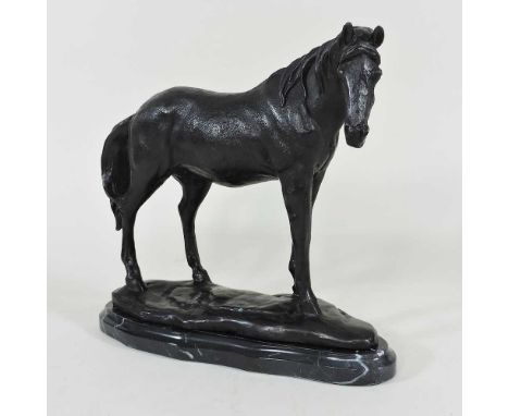 A bronze model of a horse, 20th century, on a marble plinth base, 25cm long