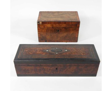 A Victorian amboyna glove box, 31cm, together with a burr walnut caddy (2)