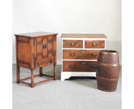 A pained chest, together with a coopered stick stand and an Ercol style two door cabinet (3)