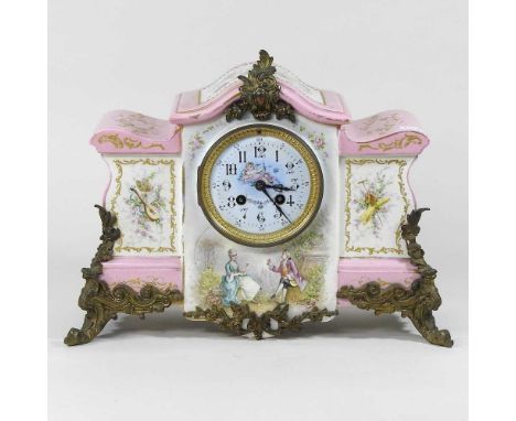 A continental pink porcelain cased mantel clock, early 20th century, with gilt metal mounts, the painted dial with an eight d