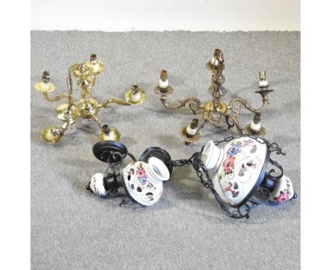 A brass five branch chandelier, 48cm, together with another smaller, a ceiling light and a matching wall light
