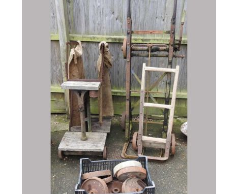 A set of antique potato scales, 116cm high, together with a grain sack lifter, a small wooden sack barrow and a collection of