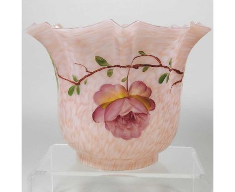 A painted glass oil lamp shade, decorated with flowers, 15cm high