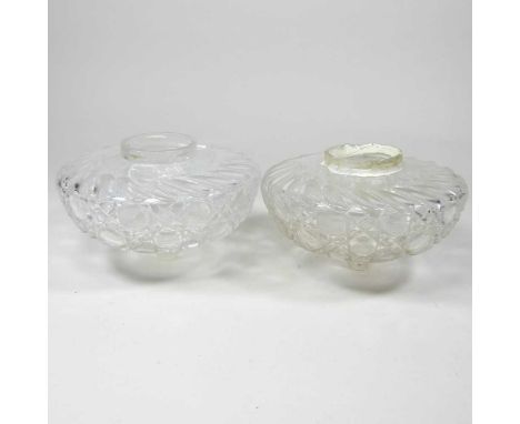A pair of Victorian glass oil lamp fonts, 15cm diameter overall (2)