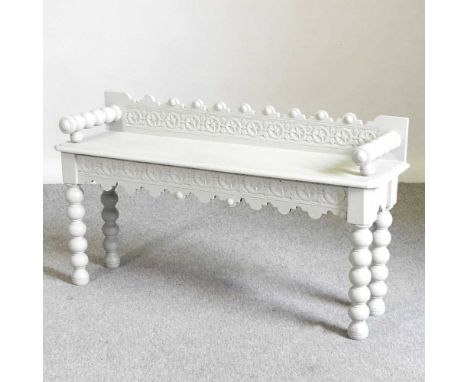 A 19th century oak and later grey painted window seat, on bobbin turned legs104w x 29d x 57h cmOverall solid and usable. The 