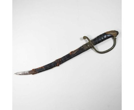 A 19th century short sword, with a curved steel blade and leather scabbard, 46cm long overall