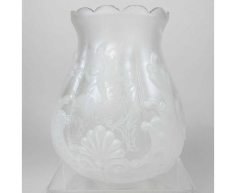 An etched glass oil lamp shade, 23cm high