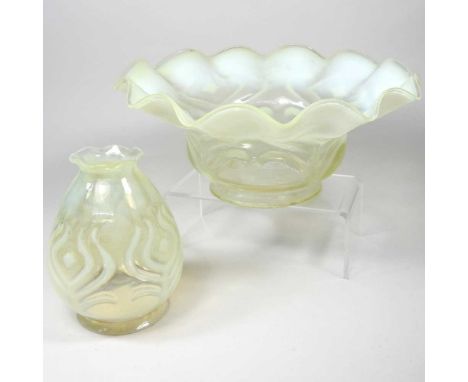 A 19th century vaseline glass shade, Benson style, in two parts, 30cm wide overallDirty with very light surface marks. No vis