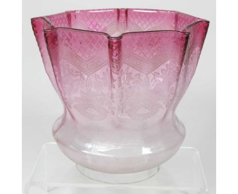 A red and clear glass oil lamp shade, with etched decorationOverall condition looks to be ok. Dirty with light surface marks.