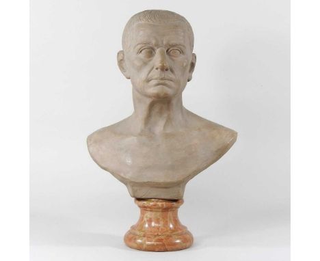 A clay portrait bust of a gentleman, on a marble plinth, 47cm highSlightly dirty, but looks to be complete.