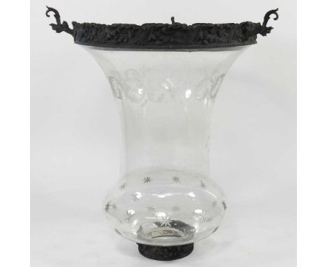 A 19th century hand blown glass light shade with engraved decoration and metal mounts, 35cm highIncomplete