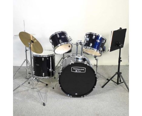 A Tornado by Mapex black drum kit, with five drums, two cymbals and stool