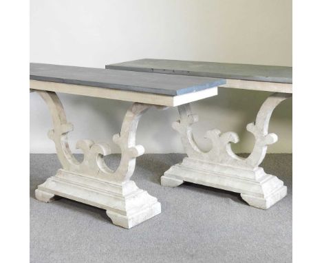 A pair of modern painted white console tables, each with a simulated marble top, on a pedestal base (2)160w x 45d x 83h cm