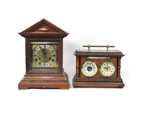 An Edwardian walnut clock barometer, together with a mantel clock, 38cm high (2)
