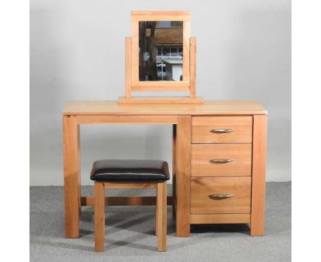 A modern light oak dressing table, with mirror and stool (3)120w x 42d x 77h cm