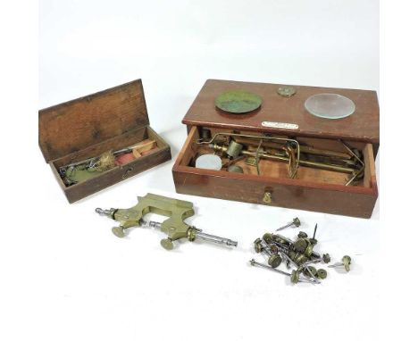 A set of antique scales, D E Grave, Short &amp; Co Ltd, boxed, 29cmtogether with another smaller and a clock maker's tool