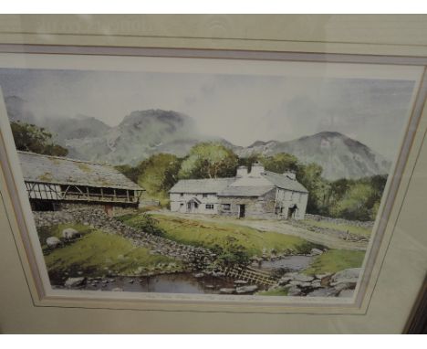 A framed print, John Rudkin, Yewtree Farm, 60/500, and a framed tapestry, hunting dog
