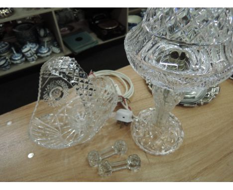 A selection of cut glass including mushroom lamp, knife rests and basket