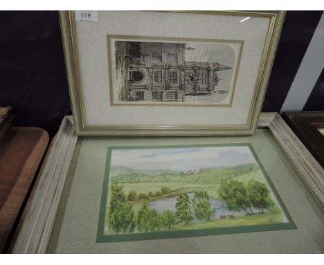 A watercolour, D Barton and an etching Tower in the school quadrangle