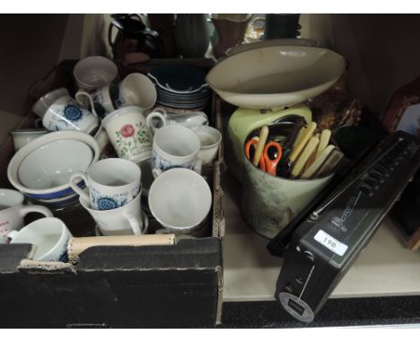 A selection of kitchenalia including scales, flatware crockery etc