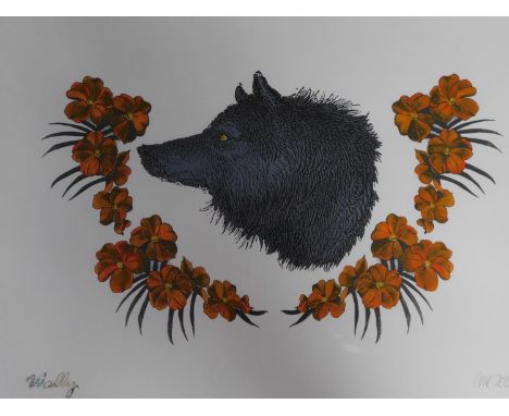 A framed and glazed screen print by Scandanavian artist Maria Clemens. Titled 'Wally',2012. Depicting a wolfs head and flower
