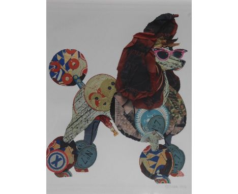 A framed and glazed signed coloured lithograph by British collage artist Peter Clark. 2014. Depicting a poodle.  62x72cm 