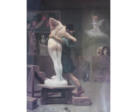 A framed and glazed coloured lithograph  after Jean-Léon Gérôme (1824-1904) 'Pygmalion &amp; Galatea?. 83x65cm 