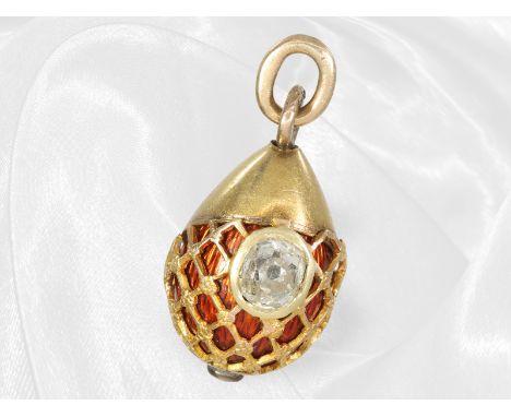 Emaillierter Anhänger im Fabergé-Stil mit Diamantbesatz, feine antike Handarbeit aus 14K Gold: Ca. 16 x 11mm, ca. 4,3g, 14K G