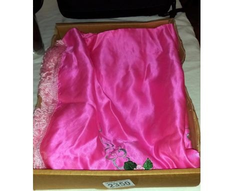 A silk Chinese shawl with hand embroidered mystical dragons, birds etc in a soft pink shade