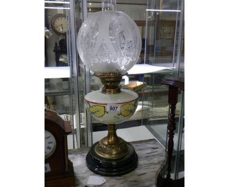 A Victorian oil lamp on pot base with glass font and original acid etched shade, COLLECT ONLY.